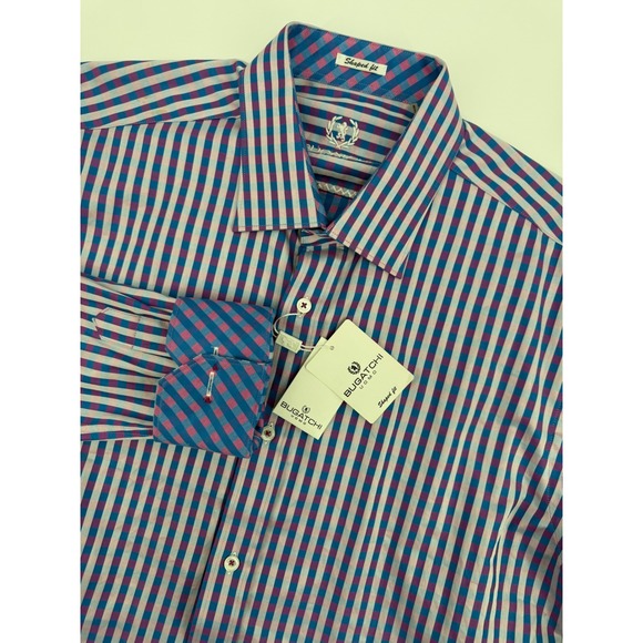 Bugatchi Uomo Shirt Mens Large Blue Pink Check Shaped Fit Flip Cuff NEW - Picture 1 of 11